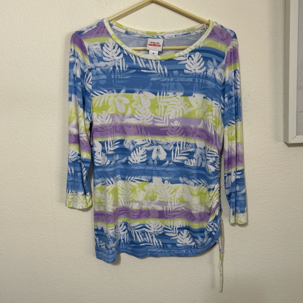Ruby Rd. Tropical Print Striped Ruched Side 3/4 Sleeve Top (Size M)